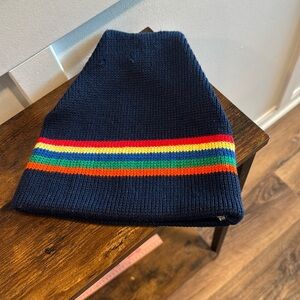 Vintage SMILEY Winter 100% Wool Knit Ski Cap. Made USA  Blue Rainbow